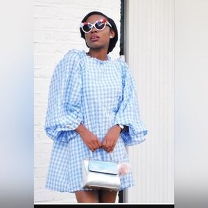 Sister Jane Blue Gingham Puff Sleeve Ruffle Dress. Small